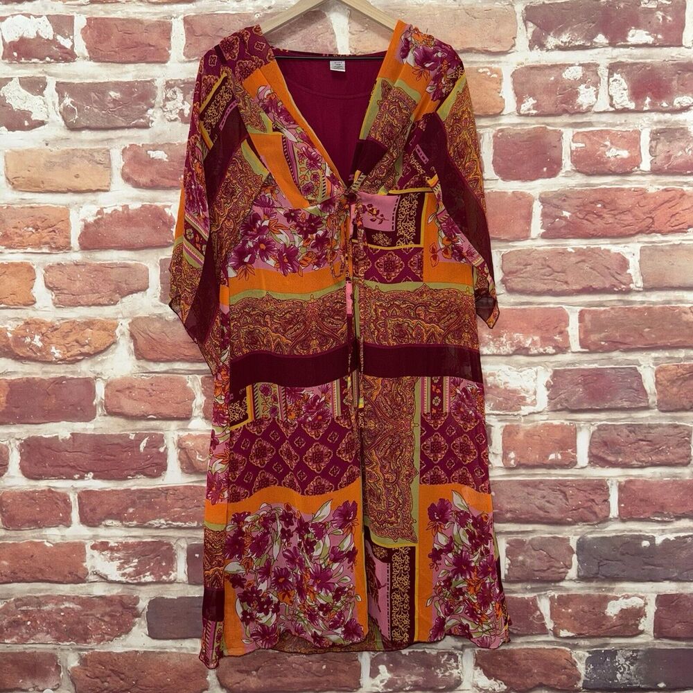 Roaman's Dress 14W Multicolor Boho Floral Abstract Casual Popover Tie Waist Midi